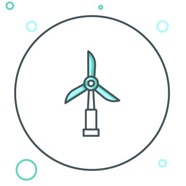 Beyaz arkaplanda çizgi rüzgar türbini simgesi izole edildi. Rüzgar jeneratörü işareti. Elektrik üretimi için yel değirmeni. Renkli taslak konsepti. Vektör.