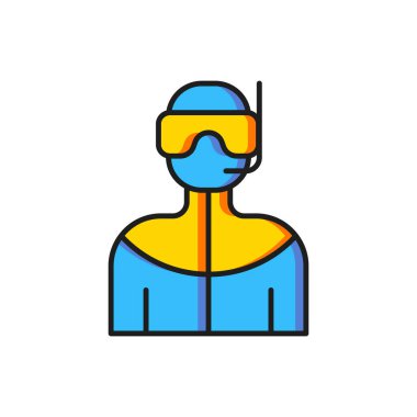 Beyaz arkaplanda izole edilmiş tüple dalış ikonu için renk dalış kıyafeti. Su altı ekipmanları. Düz çizgili, gölgeli. Vektör.