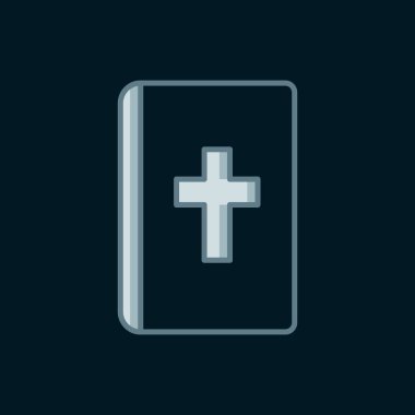 Kutsal İncil ikonu siyah arka planda izole edilmiş. Düz çizgili, gölgeli. Vektör.