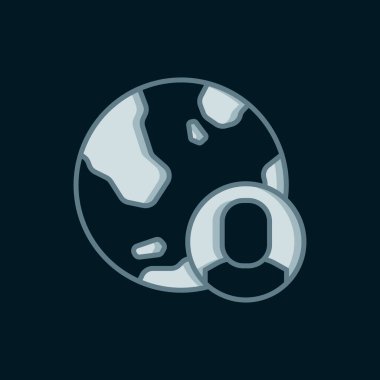 Line Globe ve insanların simgesi siyah arkaplanda izole edildi. Küresel iş sembolü. Sosyal ağ simgesi. Düz çizgili, gölgeli. Vektör.