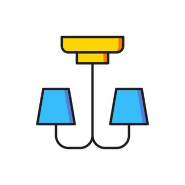 Beyaz arkaplanda izole edilmiş renkli Chandelier simgesi. Düz çizgili, gölgeli. Vektör.