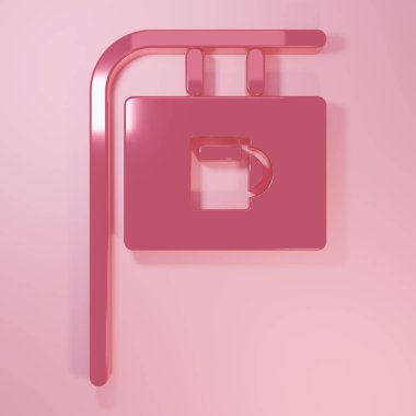 Pembe sokak tabelasında pembe arka planda izole edilmiş yazı çubuğu simgesi var. Reklamlar için uygun bar, kafe, restoran. Minimalizm kavramı. 3 Boyutlu resimleme.