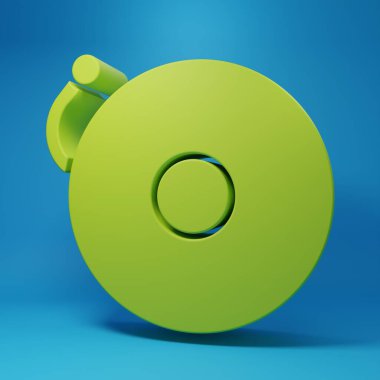 Mavi arkaplanda yeşil zil simgesi izole edildi. Alarm sembolü, servis zili, el zili işareti, uyarı sembolü. Minimalizm kavramı. 3 Boyutlu resimleme.