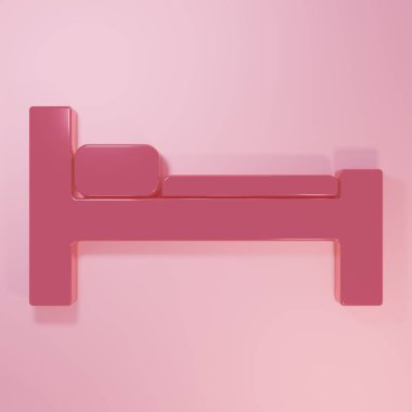 Pembe yatak simgesi pembe arkaplanda izole edilmiş. Minimalizm kavramı. 3 Boyutlu resimleme.