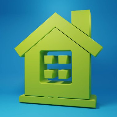 Mavi arkaplanda yeşil ev simgesi izole edildi. Ev sembolü. Minimalizm kavramı. 3 Boyutlu resimleme.