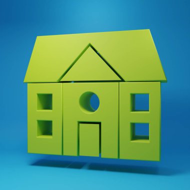 Mavi arkaplanda yeşil ev simgesi izole edildi. Ev sembolü. Minimalizm kavramı. 3 Boyutlu resimleme.