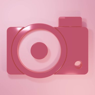 Pembe fotoğraf makinesi simgesi pembe arkaplanda izole edilmiş. Fotoğraf makinesi simgesi. Minimalizm kavramı. 3 Boyutlu resimleme.