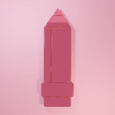 Pembe arka planda silgi simgesi olan pembe kalem. Çizim ve eğitim araçları. Okul sembolü. Minimalizm kavramı. 3 Boyutlu resimleme.