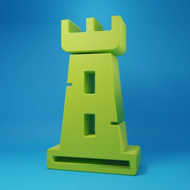 Green Castle tower icon isolated on blue background. Fortress sign. Minimalism concept. 3D render illustration.