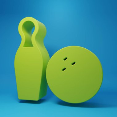 Mavi arka planda yeşil bovling pin ve top ikonu izole edildi. Spor malzemeleri. Minimalizm kavramı. 3 Boyutlu resimleme.