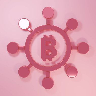 Pembe engelleme teknolojisi Bitcoin simgesi pembe arka planda izole edildi. Soyut geometrik blok zincir ağ teknolojisi işi. Minimalizm kavramı. 3 Boyutlu resimleme.