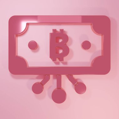 Pembe kripto para birimi bitcoin pembe zemin üzerinde izole edilmiş mikroçip devre ikonu ile daire içinde. Engelleme teknolojisi, dijital para piyasası. Minimalizm kavramı. 3 Boyutlu resimleme.