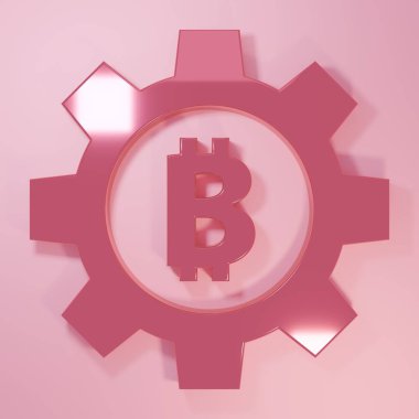 Pembe kripto para birimi Bitcoin simgesi pembe arka planda izole edilmiş. Vites ve Bitcoin ayarı. Engelleme zinciri tabanlı şifreli para birimi. Minimalizm kavramı. 3 Boyutlu resimleme.