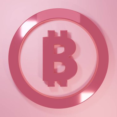 Pink Cryptocurrency coin Bitcoin icon isolated on pink background. Physical bit coin. Blockchain based secure crypto currency. Minimalism concept. 3D render illustration.