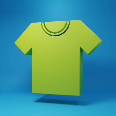 Green T-shirt icon isolated on blue background. Minimalism concept. 3D render illustration.