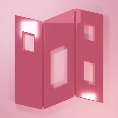 Pembe Müze Rehberi broşürü pembe arka planda izole edilmiş. Sergi rehberi. Broşür, broşür, broşür. Minimalizm kavramı. 3 Boyutlu resimleme.