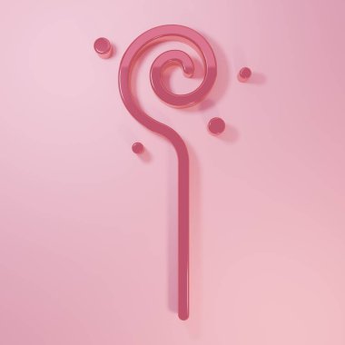 Pembe Sihirli asa simgesi pembe arka planda izole edilmiş. Sihirli değnek, asa, değnek, değnek. Minimalizm kavramı. 3 Boyutlu resimleme.