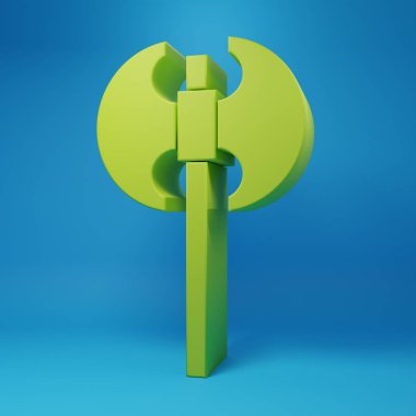 Mavi arka planda yeşil ortaçağ balta simgesi izole edildi. Savaş baltası, cellat baltası. Ortaçağ silahı. Minimalizm kavramı. 3 Boyutlu resimleme.