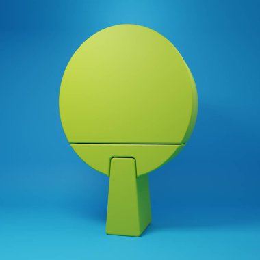 Masa tenisi ikonunu oynamak için yeşil raket mavi arka planda izole edilmiş. Minimalizm kavramı. 3 Boyutlu resimleme.