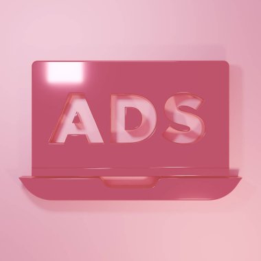 Pembe reklam simgesi pembe arkaplanda izole edilmiş. Pazarlama ve tanıtım süreci kavramı. İlgili reklamlar. Sosyal medya reklamcılığı. Minimalizm kavramı. 3 Boyutlu resimleme.