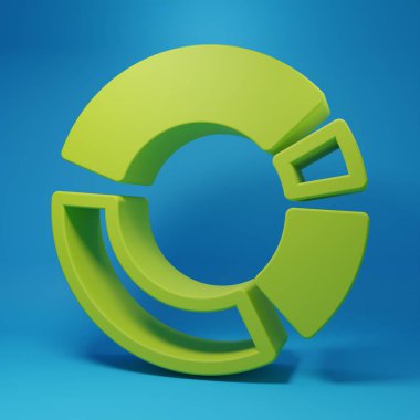 Mavi arkaplanda yeşil pasta grafiği ikonu izole edildi. Diyagram çizelgesi. Minimalizm kavramı. 3 Boyutlu resimleme.