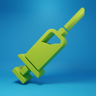 Mavi arka planda serum ikonu olan yeşil şırınga. Aşı için şırınga, aşı, iğne, grip aşısı. Tıbbi ekipman. Minimalizm kavramı. 3 Boyutlu resimleme.