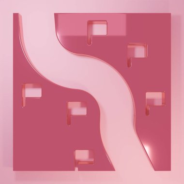 Pembe güzergah konum simgesi pembe arka planda izole edildi. Tren yolu güzergahının başlangıç noktası GPS ve tire çizgisi olan yolu. Minimalizm kavramı. 3 Boyutlu resimleme.