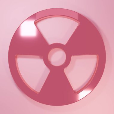 Pembe Radyoaktif simge pembe arka planda izole edilmiş. Radyoaktif zehirli sembol. Radyasyon tehlikesi işareti. Minimalizm kavramı. 3 Boyutlu resimleme.