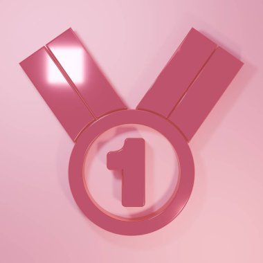 Pembe madalyalı ikon, pembe arka planda izole edilmiş. Kazanan sembol. Minimalizm kavramı. 3 Boyutlu resimleme.