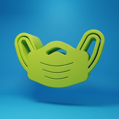 Mavi arka planda yeşil tıbbi maske simgesi izole edildi. Minimalizm kavramı. 3 Boyutlu resimleme.