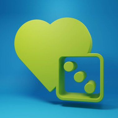 Yeşil Oyun zar simgesi mavi arkaplanda izole edildi. Kumarhane kumarı. Minimalizm kavramı. 3 Boyutlu resimleme.