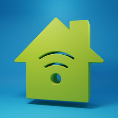 Mavi arka planda kablosuz ağ ikonu olan Green Smart evi. Uzaktan kumanda. Minimalizm kavramı. 3 Boyutlu resimleme.
