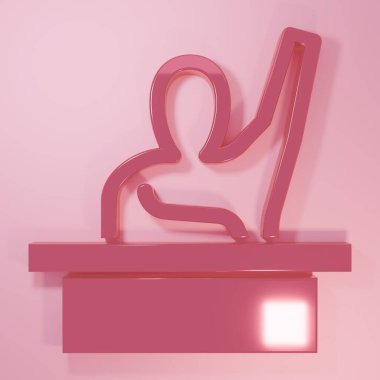 Pembe Aktif Erkek Çocuk pembe arka planda izole edilmiş soru ikonuna cevap veriyor. Bir ilkokul öğrencisi elini kaldırır. Minimalizm kavramı. 3 Boyutlu resimleme.