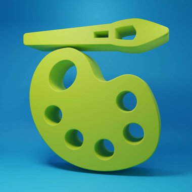 Mavi zemin üzerinde palet simgesi olan yeşil boya fırçası. Minimalizm kavramı. 3 Boyutlu resimleme.