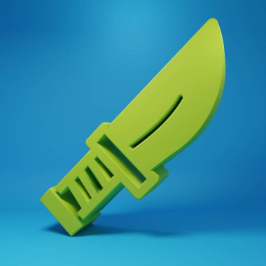 Green Dagger icon isolated on blue background. Knife icon. Sword with sharp blade. Minimalism concept. 3D render illustration.
