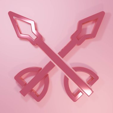Pembe ortaçağ ok simgesi pembe arka planda izole edilmiş. Ortaçağ silahı. Minimalizm kavramı. 3 Boyutlu resimleme.