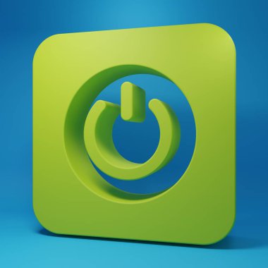 Mavi arkaplanda yeşil güç simgesi izole edildi. Başlat işareti. Minimalizm kavramı. 3 Boyutlu resimleme.