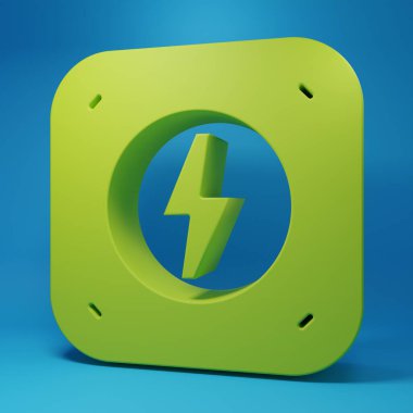 Green Lightning bolt icon isolated on blue background. Flash sign. Charge flash icon. Thunder bolt. Lighting strike. Minimalism concept. 3D render illustration.