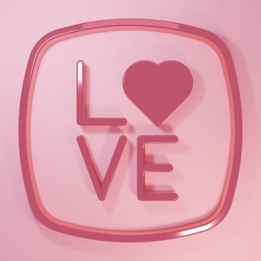 Pembe Aşk metin simgesi pembe arka planda izole edilmiş. Sevgililer Günü tebrik kartı şablonu. Minimalizm kavramı. 3 Boyutlu resimleme.