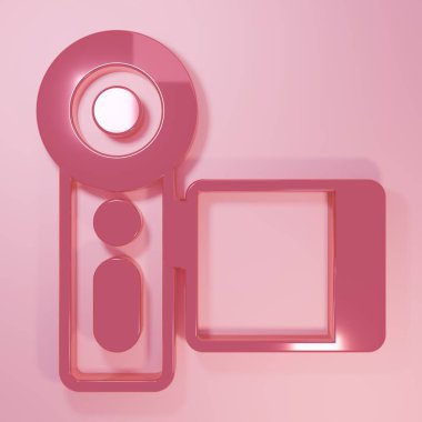 Pembe fotoğraf makinesi simgesi pembe arkaplanda izole edilmiş. Foto kamera. Dijital fotoğrafçılık. Minimalizm kavramı. 3 Boyutlu resimleme.
