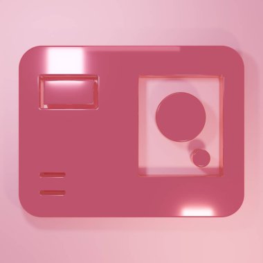 Pembe Eylem ekstrem kamera simgesi pembe arka planda izole edildi. Ekstrem sporları çekmek için video kamera ekipmanı. Minimalizm kavramı. 3 Boyutlu resimleme.