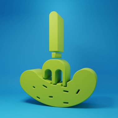 Mavi arka planda izole edilmiş bir çatal simgesinde yeşil salatalık turşusu. Minimalizm kavramı. 3 Boyutlu resimleme.