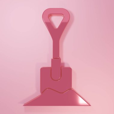 Pembe arka planda izole edilmiş yerdeki pembe kürek. Bahçe aletleri. Bahçecilik, tarım, çiftçilik aleti. Minimalizm kavramı. 3 Boyutlu resimleme.