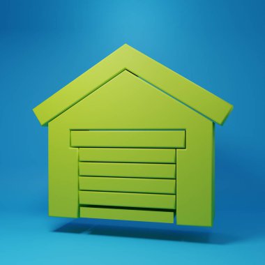Mavi arkaplanda yeşil garaj simgesi izole edildi. Minimalizm kavramı. 3 Boyutlu resimleme.