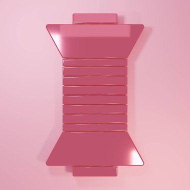 Pembe dikişli iplik, pembe arka planda izole edilmiş makara simgesine. İplik makarası. İplik kutusu. Minimalizm kavramı. 3 Boyutlu resimleme.