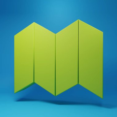 Green Folded map icon isolated on blue background. Minimalism concept. 3D render illustration.