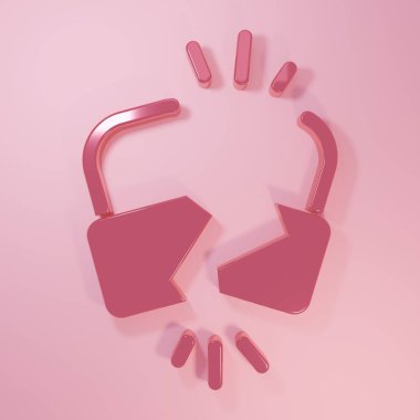 Pembe kırık ya da çatlak kilit simgesi pembe arka planda izole edilmiş. Kilidi aç işareti. Minimalizm kavramı. 3 Boyutlu resimleme.