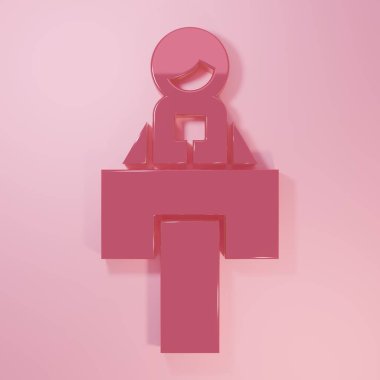 Pembe Sahne standı ya da münazara kürsüsü ikonu pembe arka planda izole edilmiş. Konferans konuşma tribünü. Minimalizm kavramı. 3 Boyutlu resimleme.