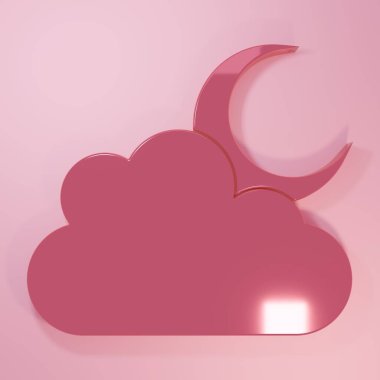 Pink Cloud with moon icon isolated on pink background. Cloudy night sign. Sleep dreams symbol. Night or bed time sign. Minimalism concept. 3D render illustration.