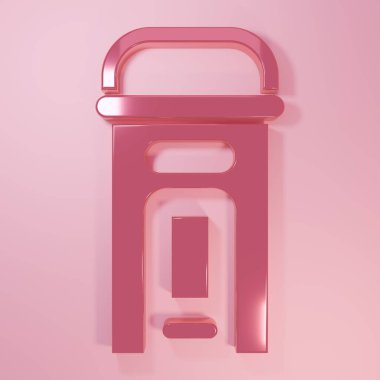 Pembe Londra telefon kulübesi ikonu pembe arka planda izole edilmiş. Londra 'daki klasik İngiliz telefon kulübesi. İngiliz telefon kulübesi. Minimalizm kavramı. 3 Boyutlu resimleme.